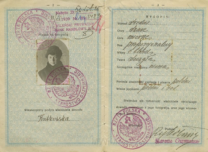 KKE 5272-2.jpg - Dok. Dowód osobisty Marianny Katkowskiej (ur. 4 III 1898 r. w Taboryszkach) – córka Antoniego i Anieli, Oszmiana, 14 XI 1924 r.